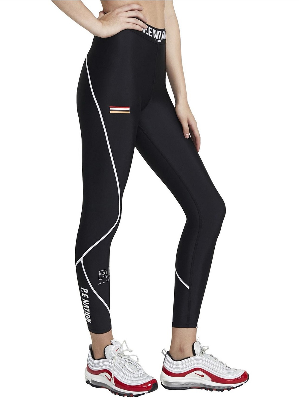 P.E Nation Black High-Rise Performance Leggings with White Piping